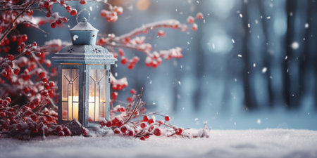 Lantern in the winter forest. Christmas and New Year concept.の素材