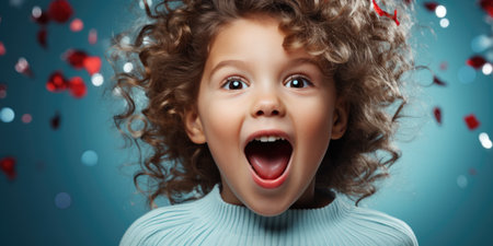 Portrait of a surprised little girl with curly hair and confetti on blue backgroundの素材