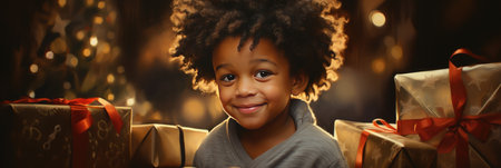 Portrait of a cute African American girl with curly hair at homeの素材