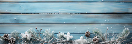 Christmas background with fir tree branches, cones and snow on wooden planksの素材