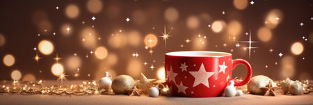 Cup of coffee with christmas decorations on bokeh backgroundの素材