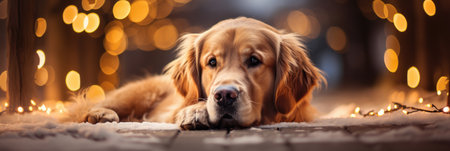 Cute golden retriever dog lying on the floor in front of Christmas lightsの素材