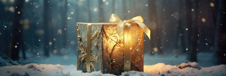 Gift box in snowy forest. Christmas and New Year concept.の素材