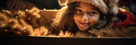 beautiful girl in santa claus hat looking at camera and smiling while lying in box with Christmas lightsの素材