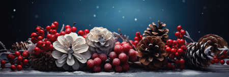 Christmas decoration with pine cones, berries and snow on wooden background.の素材