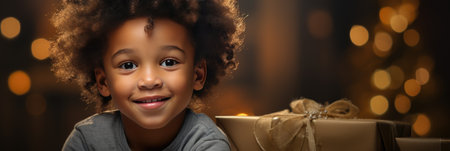 beautiful african american little girl with christmas gift boxの素材