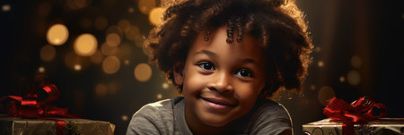 happy african american little boy with gift boxes over dark backgroundの素材