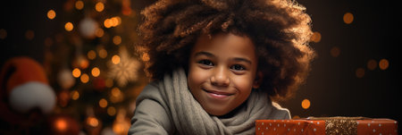 beautiful african american girl in scarf with christmas presentの素材