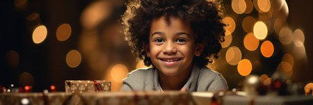 happy african american little girl with christmas presents at homeの素材