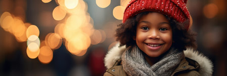 happy african american girl in winter clothes at christmas marketの素材