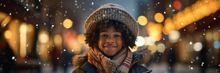 happy african american boy in winter clothes at christmas streetの素材