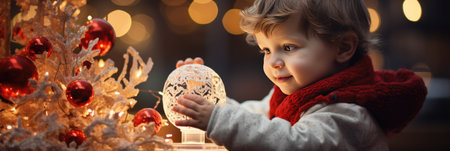 Cute child, boyrating Christmas tree at home.の素材