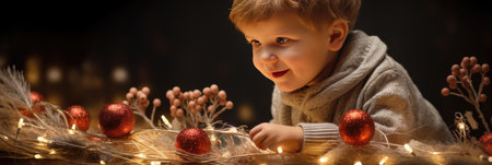 Portrait of a cute little boy in a warm sweater on the background of a garland with Christmas balls.の素材