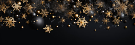Christmas background with gold snowflakes and stars on black background.の素材