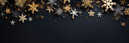 Christmas background with snowflakes and stars on black. Banner.の素材