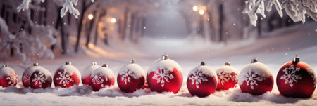 Red christmas balls with snowflakes on the background of winter forest.の素材