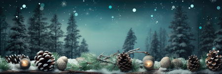 Christmas and New Year background with fir branches, pine cones, candles and snow.の素材