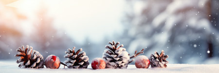 Christmas background with pine cones, snow and falling snowflakes.の素材