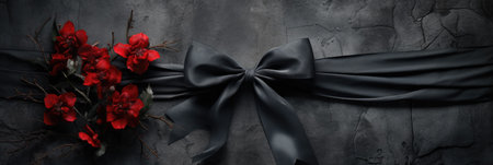 Black bow and red poinsettia flowers on dark stone backgroundの素材