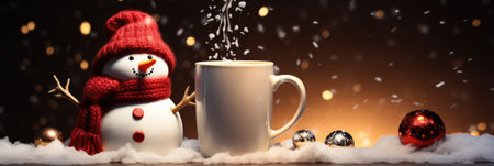 Cup of coffee with snowman and christmas decorations on dark backgroundの素材