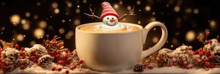 Cup of coffee with christmas snowman on bokeh backgroundの素材