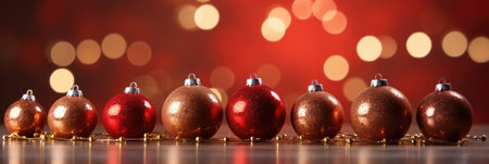 Christmas baubles on red bokeh background with copy spaceの素材