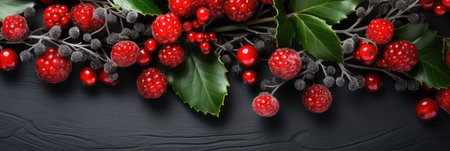 Christmas background with berries and holly leaves on black wooden table.の素材