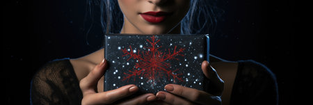 Beautiful young woman holding a gift box with red snowflakesの素材