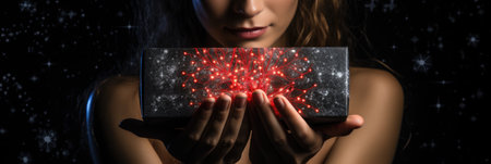 Woman holding a tablet with a circuit board on a dark background.の素材