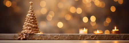 Christmas tree and candles on wooden table against blurred lights, space for textの素材