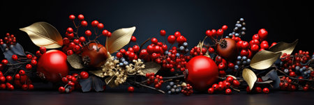 Christmas and New Year background with berries, berries and leaves.の素材