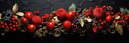 Christmas decoration with berries and leaves on a black background.の素材