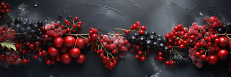 Frozen red and black currant berries on a dark background.の素材