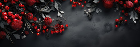 Black background with red berries and leaves. Top view. Copy space.の素材
