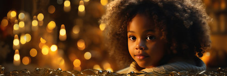 beautiful african american girl looking at camera in christmas decorationの素材