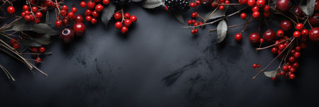 Autumn banner with berries and leaves on black background, copy spaceの素材