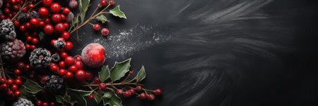 Christmas or New Year composition. Berries, leaves, berries on a black background.の素材