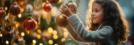 Little girl decorating christmas tree with baubles on blurred backgroundの素材
