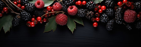 Blackberry, raspberry, blackberry and cranberry on black wooden backgroundの素材