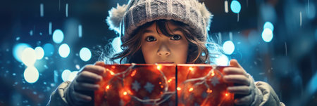 Portrait of a cute little girl in winter clothes holding a red box with a Christmas present.の素材