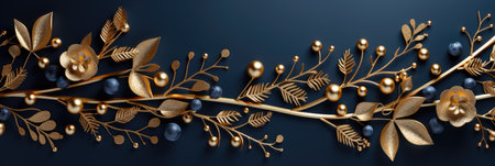 Banner with gold flowers, berries and golden leaves on dark blue background.の素材