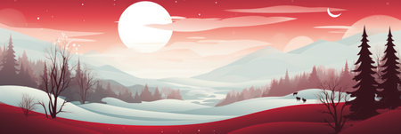 Winter landscape with snow, trees, moon and red sky.の素材