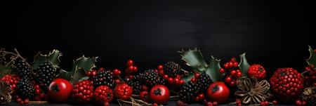 Blackberries, red berries, holly leaves and pine cones on black backgroundの素材
