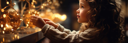 beautiful little girl at home near christmas tree with golden lightsの素材