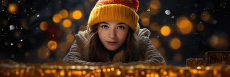 Beautiful young woman in a hat and scarf on a background of Christmas lightsの素材