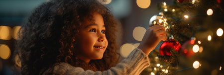 african american girl holding christmas ball and smiling at cameraの素材