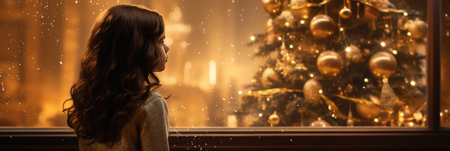 Woman looking out the window at the Christmas tree in the living roomの素材