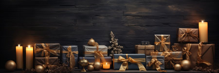 Christmas presents and candles on dark wooden background.の素材