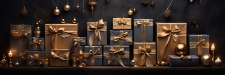 Christmas background with gift boxes and golden ornaments on wooden shelfの素材