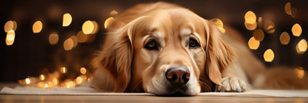 Golden Retriever lying on a floor with bokeh backgroundの素材